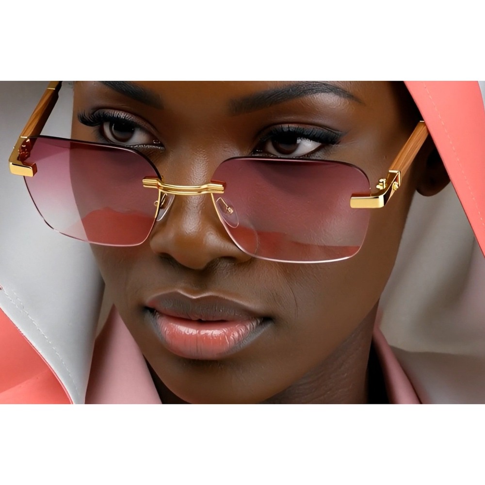 Pink Gradient Lens Women Sunglasses Gold Tone Accents Wood Arms Square Lentes